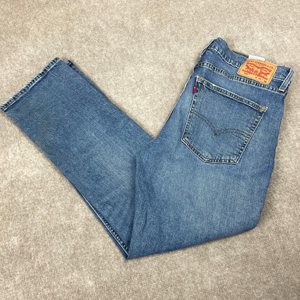 Levi's 514 Jeans Mens 36X30 Blue Medium Wash Denim Stretch Straight Distressed